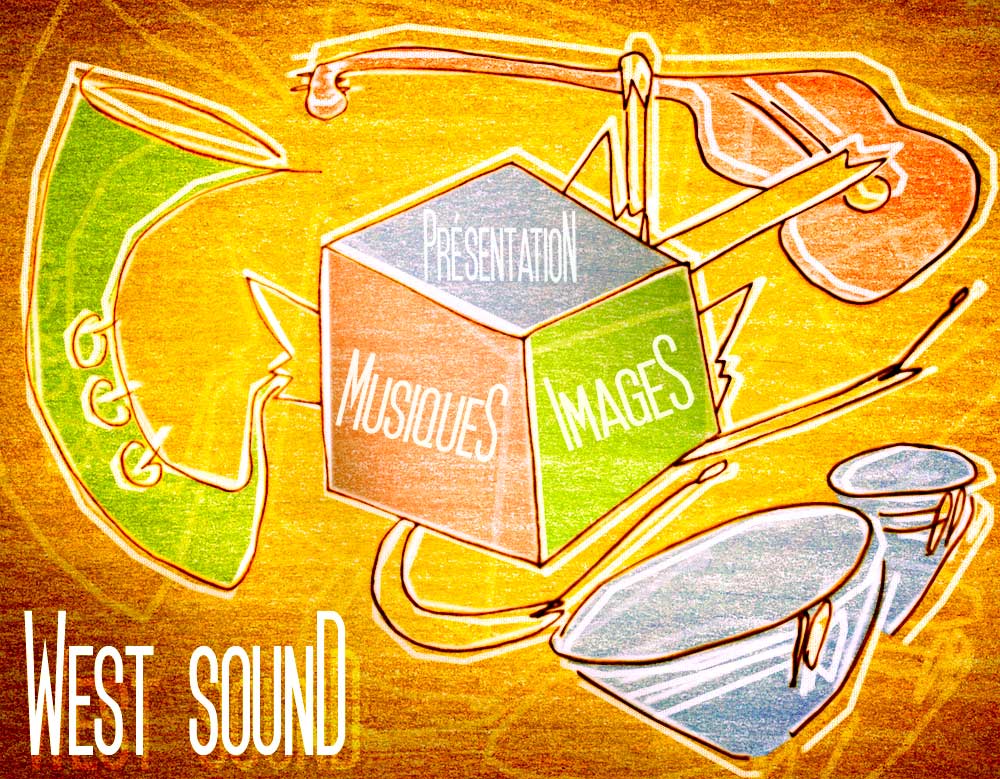 Affiche de West Sound représentant un saxophone vert, une contrebasse rouge et une batterie bleue virevoltant autour d\